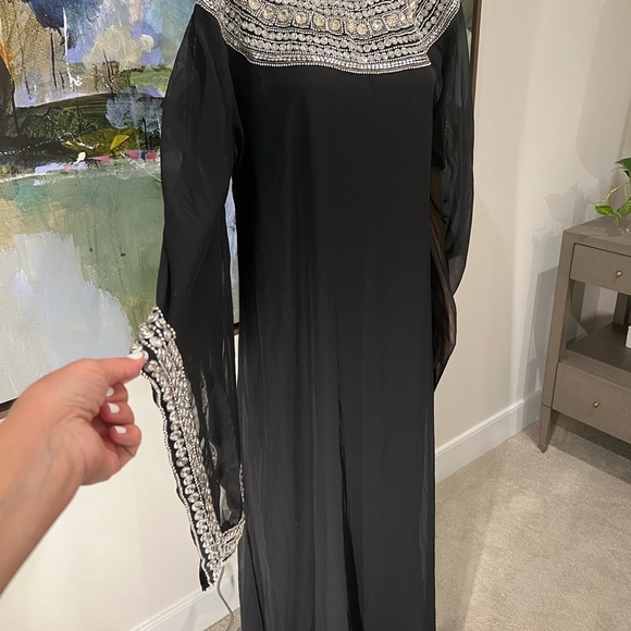 black chiffon kaftan gown with crystal embroidery ,detailed neckline - Picture 5 of 5